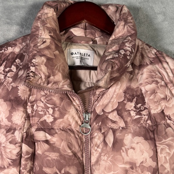 Athleta‎ Jacket Womens Large Pink Floral Downtown Down Puffer Full Zip